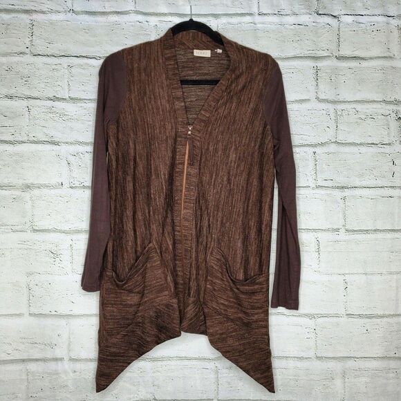 LOGO Lori Goldstein Medium Brown Knit Zip Up Cardigan Sweater Jacket A266500 XS - Picture 1 of 7